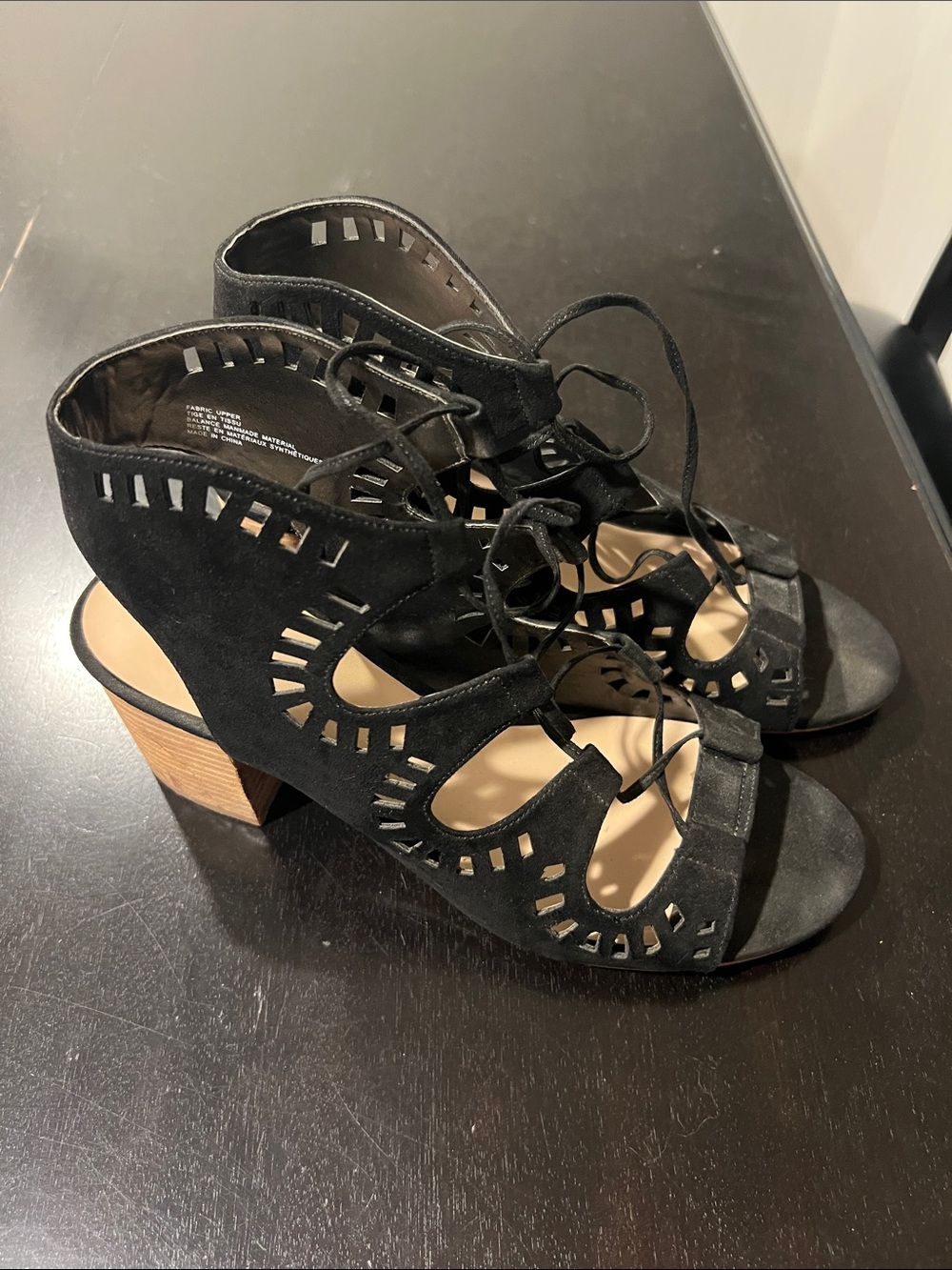 bp Black Suede Laser-Cut Lace-Up Block Heel Sandals